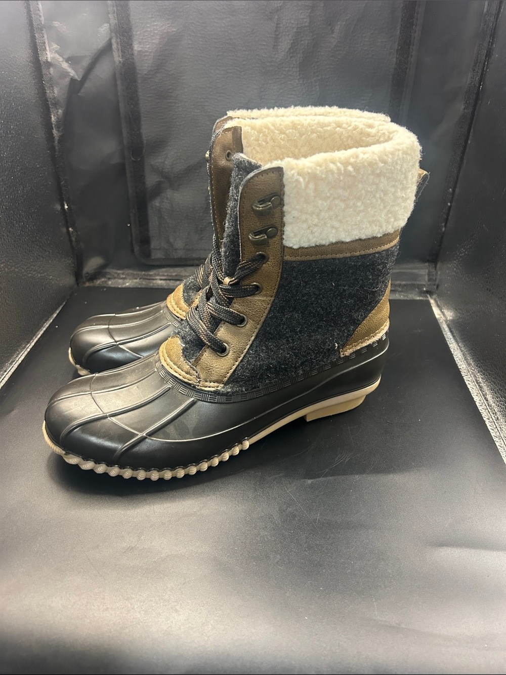 Maurices Black and Brown Sherpa-Lined Winter Rain Boots
